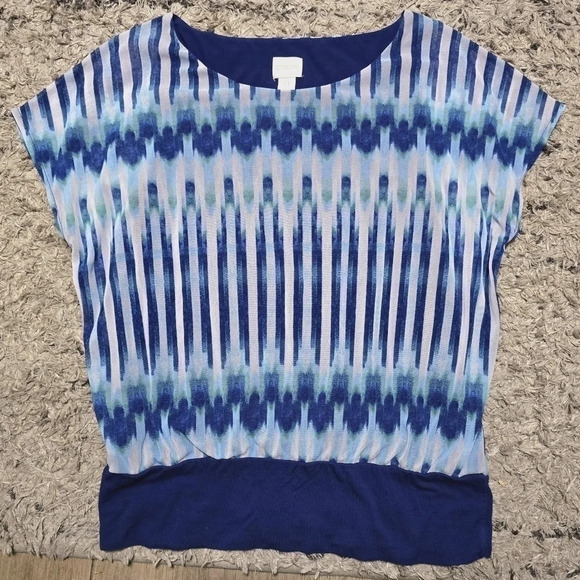 ✨️4/$20. CHICOS Ikat Banded Hem Blouse, Colorful Sheer Sleeve, 0 or S - Picture 7 of 14